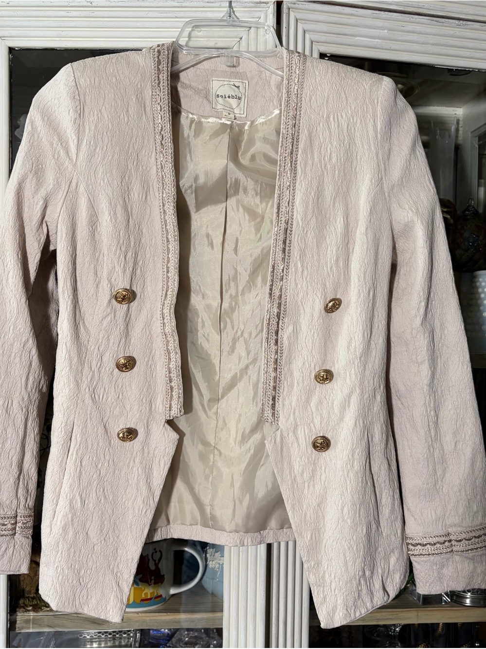 Soirblu beige Textured Double-Breasted Blazer Gold Buttons Small